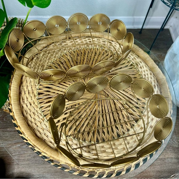 Vtg Mid Century Modern footed gold spiral/coil baskets - Picture 3 of 12